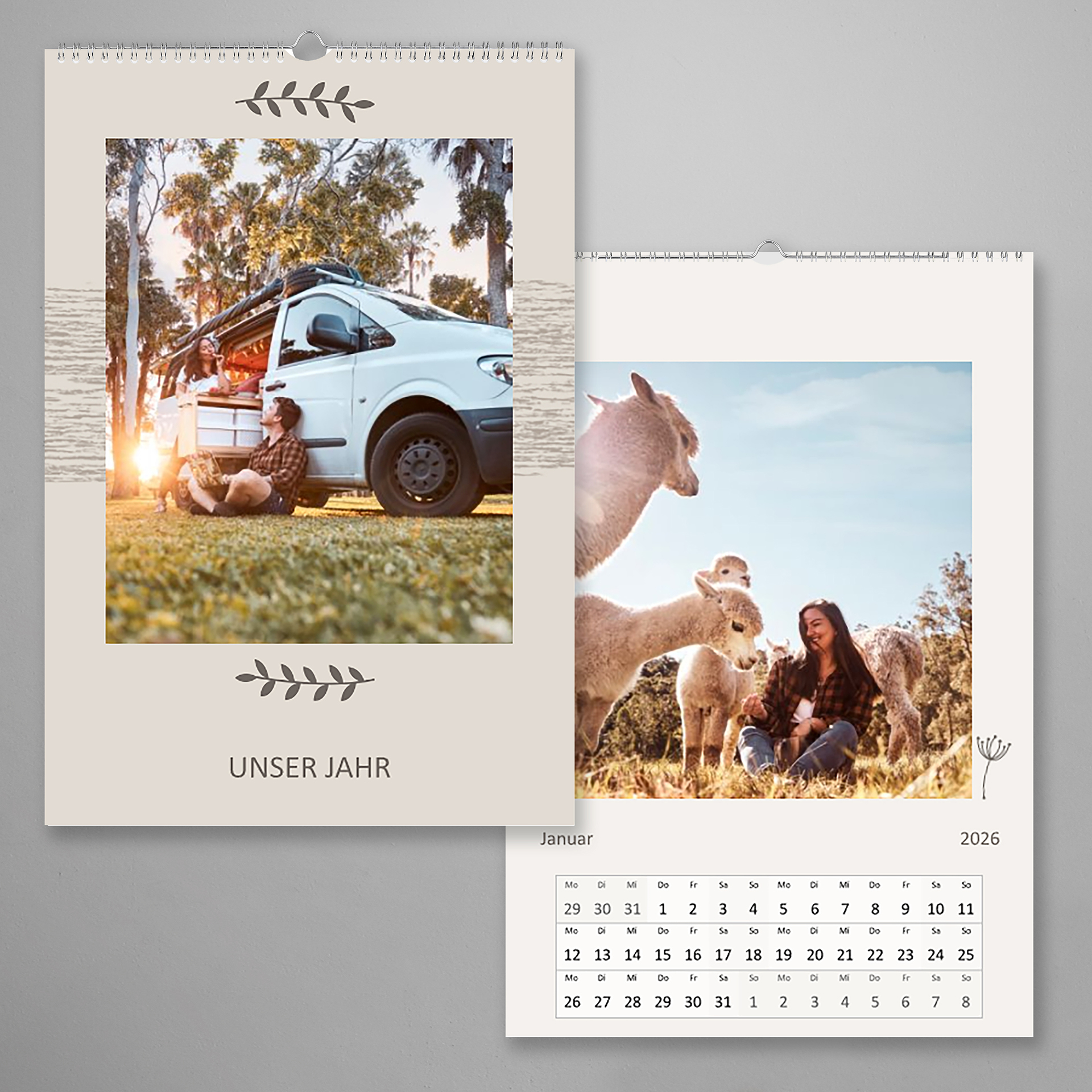Individuell gestalteter Fotokalender mit persönlichen Bildern und rustikalem Design